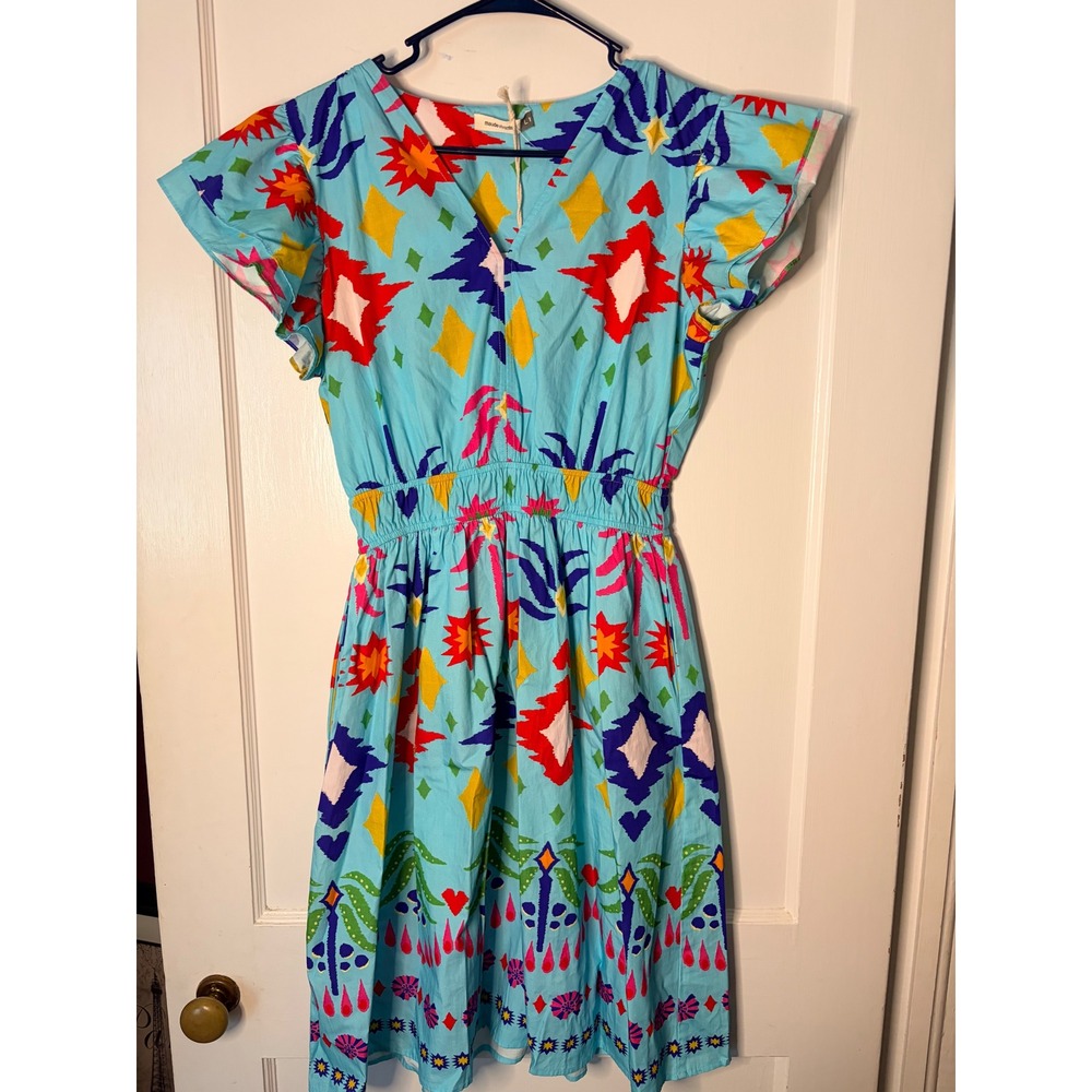Maude Vivante Arianna Aqua Ikat Cotton Flutter Sleeve Smocked Waist Dress Artsy